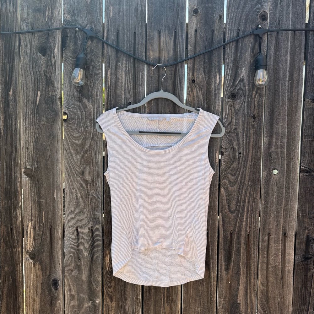 Athleta Breezy Grey and White Stripe Muscle Tank-Scoop neck with high-low hem XS